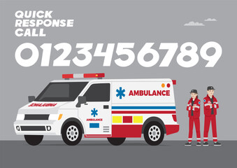 medical service man and woman with hat and red work jacket and side promotion campaign standing in front of car with call number for quick response call