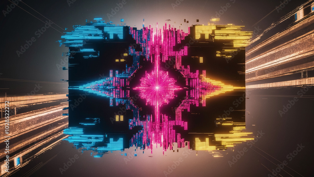 Aufkleber digital glitch abstract with pixelated patterns in neon colors futuristic tech design