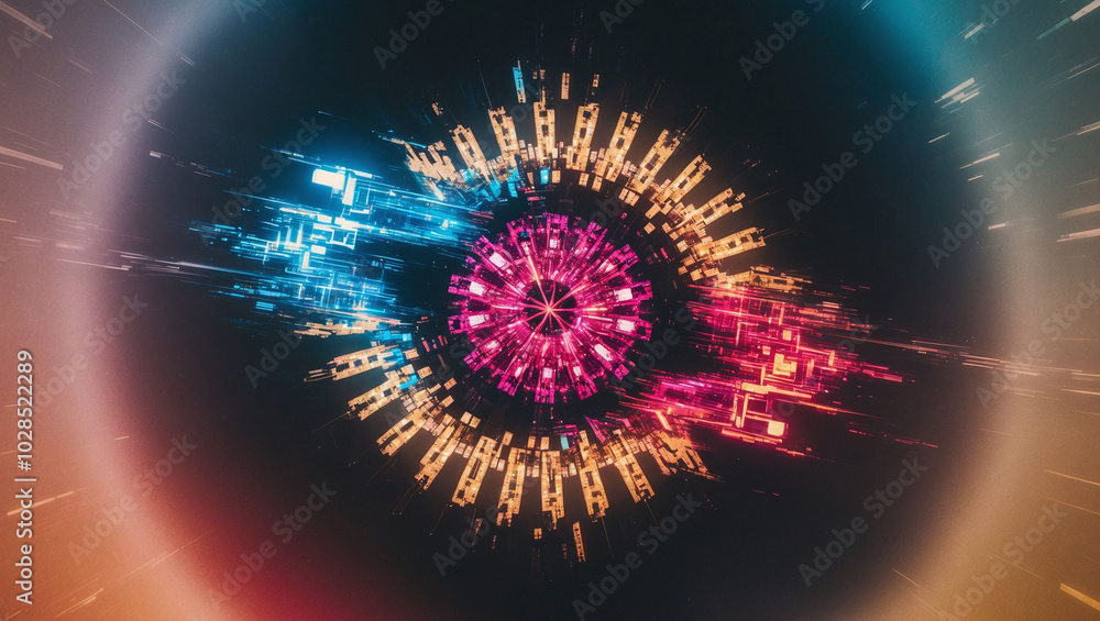 Aufkleber digital glitch abstract with pixelated patterns in neon colors futuristic tech design