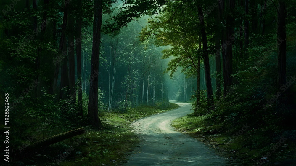 Poster 108. an empty forest path winding through tall trees, creating a sense of wonder