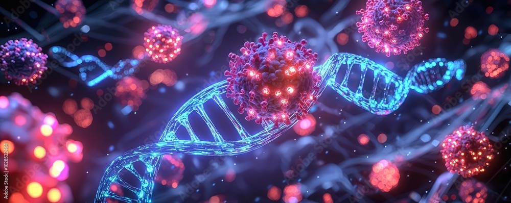 Poster abstract representation of dna strands with colorful virus particles in a digital environment.