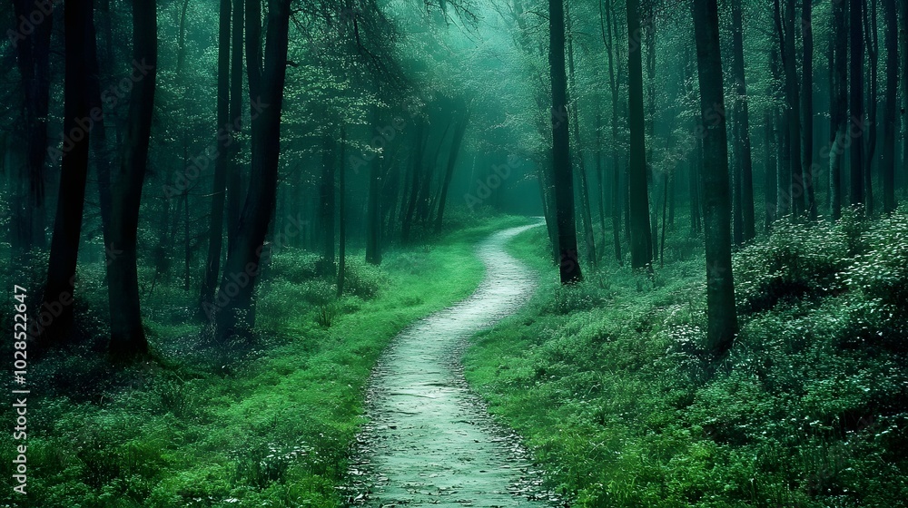 Poster 108. an empty forest path winding through tall trees, creating a sense of wonder