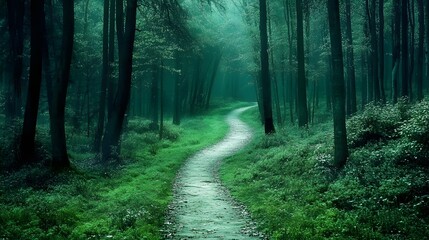 Fototapeta premium 108. An empty forest path winding through tall trees, creating a sense of wonder