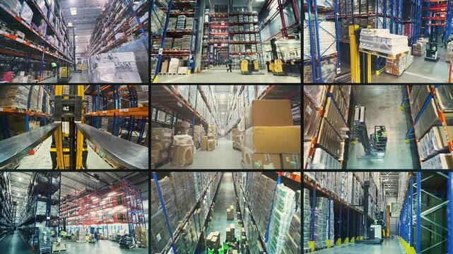Warehouse at the factory multiscreen video. Multiscreen video work in a large warehouse. industry opener. Modern warehouse collage. Modern warehouse in a factory.