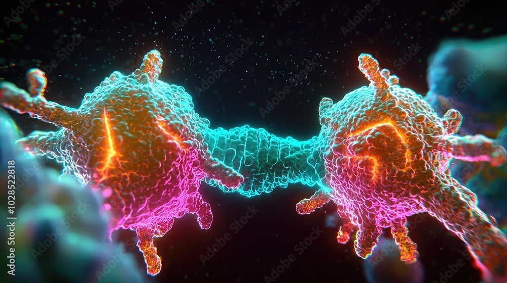 Poster an abstract representation of molecular interaction, showcasing vibrant colors and dynamic shapes in