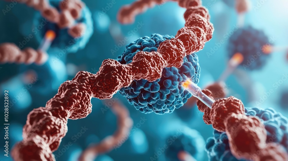 Poster close-up view of molecular structures showcasing dna strands and cells in vibrant colors, representi