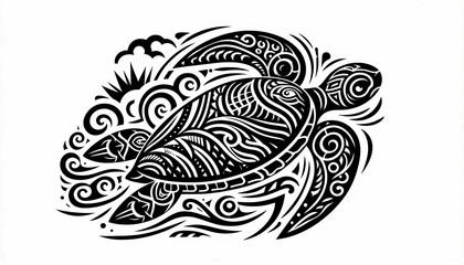 A black and white tribal-style tattoo of a sea turtle with intricate patterns and swirling waves, symbolizing strength and endurance