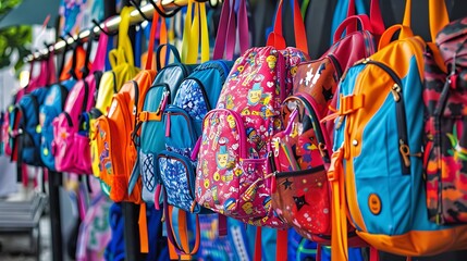 A row of bright and colorful backpacks hanging from hooks each one decorated with different school supplies and ready for the new school year