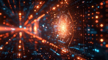 Obraz premium A futuristic digital landscape with glowing particles and data streams.