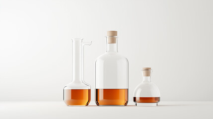 Three glass bottles of alcohol are lined up on a white table