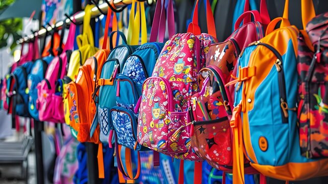 A row of bright and colorful backpacks hanging from hooks each one decorated with different school supplies and ready for the new school year