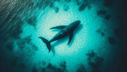 Fototapeta premium An aerial view of a majestic whale swimming in the crystal-clear turquoise ocean, with the sun casting light patterns on the water