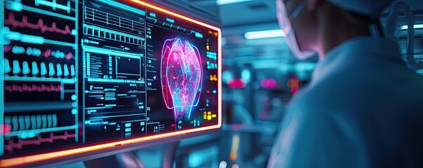 A scientist analyzing a high-tech screen displaying digital brain data in a futuristic lab environment.