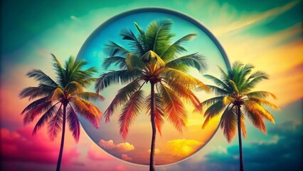 Fototapeta premium Vibrant Multicolored Palm Trees on Retro Circle with Faded Paper Effect for Travel Illustrations