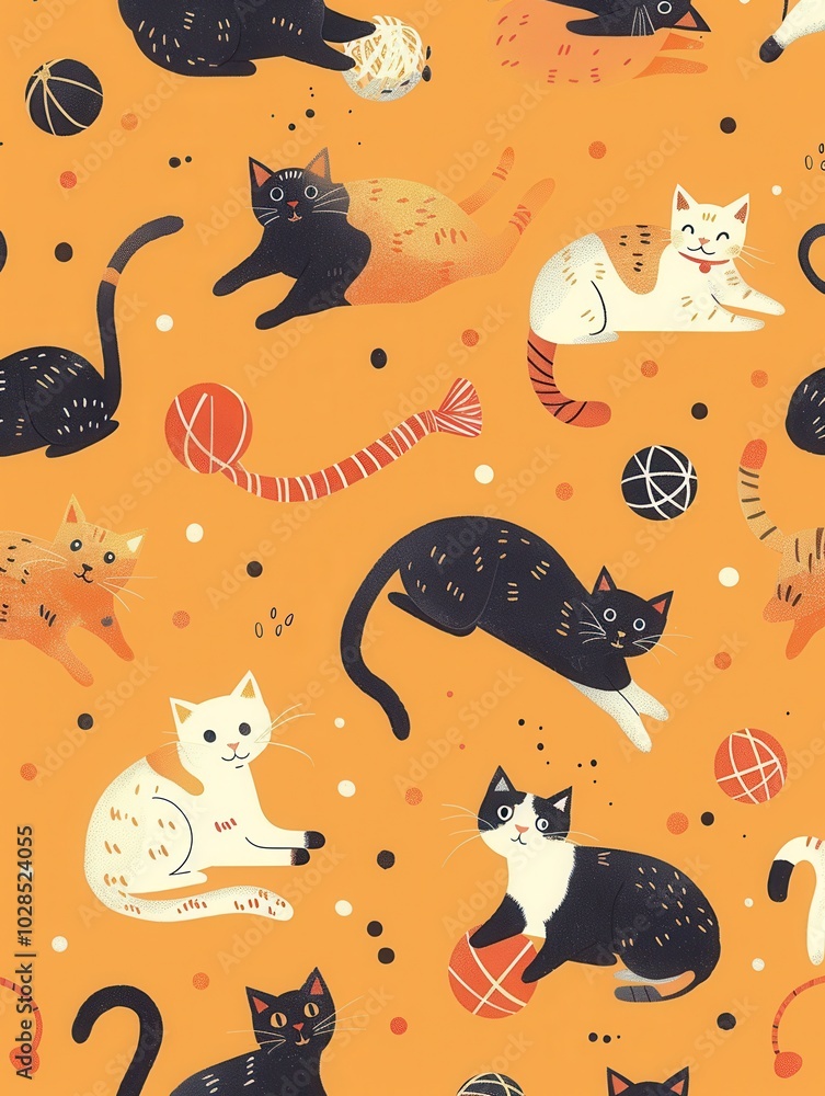 Poster a lively group of cats engages with various balls and yarn, enjoying their playful time on a vibrant