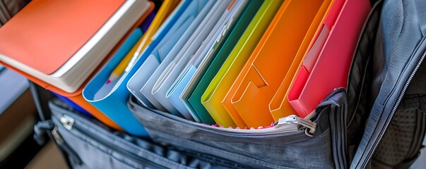 A set of colorful folders neatly organized in a backpack with a pencil case and a small notebook peeking out