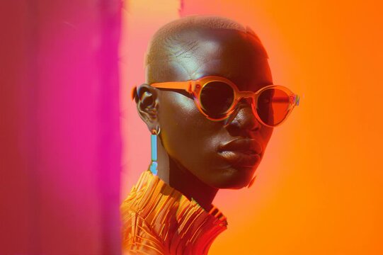  Fashion model wearing extravagant clothes and sunglasses