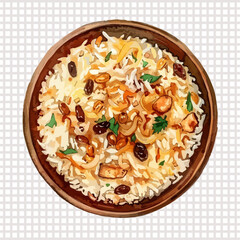 a bowl of rice with nuts and raisins