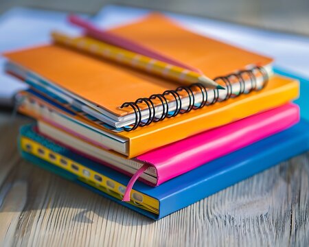 A stack of spiral-bound notebooks with different colored covers with a pencil lying across the top notebook set against a clean wooden desk