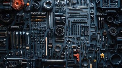Assorted car parts and tools arranged on a dark background 