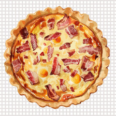 a pie with bacon and eggs on a table