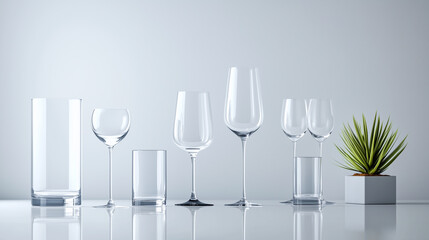 A row of clear glassware, including wine glasses, cups, and a tall glass