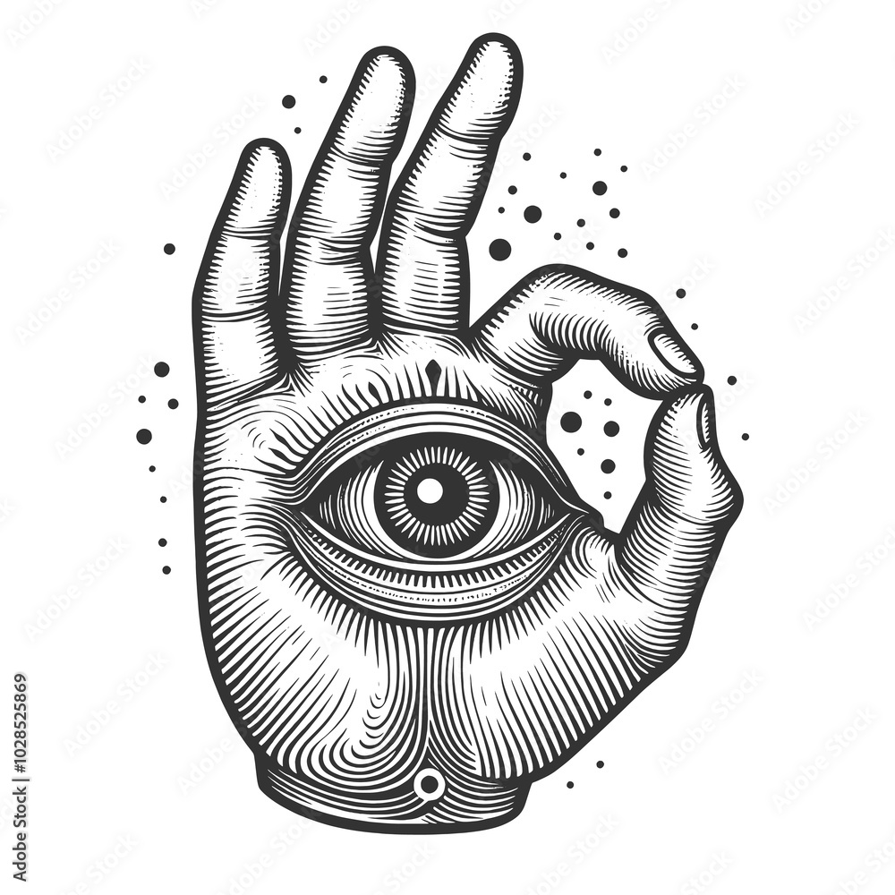 Aufkleber hand making an ok gesture with an eye in the palm, blending symbolism and mystical elements sketch e