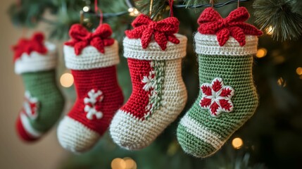 Handmade Christmas stockings hanging on a tre