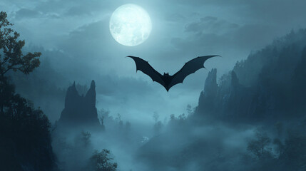 Fototapeta premium A bat gliding in the moonlight over a misty valley.