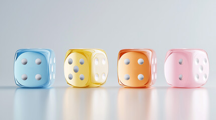 Four dice of different colors are shown on a table