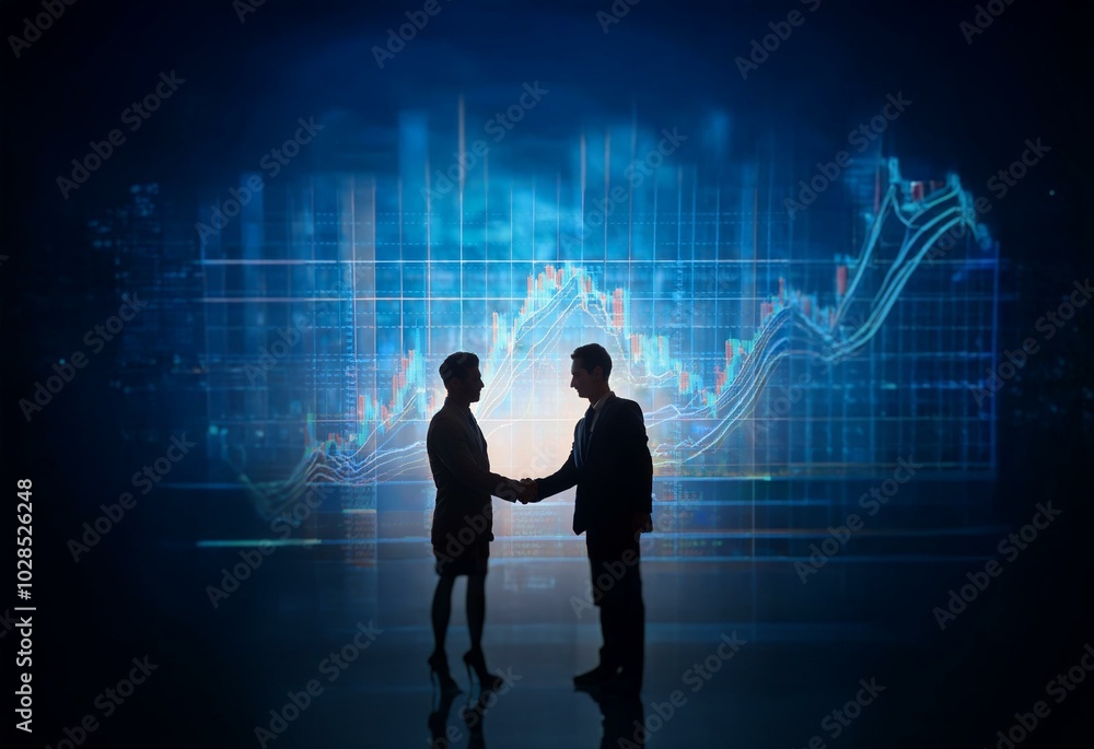 Aufkleber two silhouettes of business professionals shake hands in front of a large screen displaying a stock 