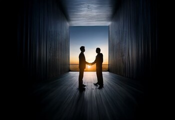 Two businessmen stand in silhouette, shaking hands in a doorway with a view of a sunset over the water.