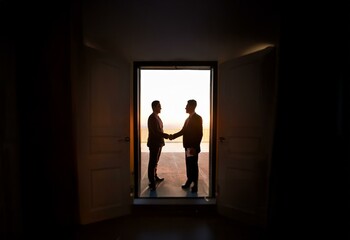 Fototapeta premium Two men in suits shake hands in a doorway, a bright light coming from the outside.