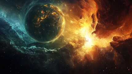 Obraz premium A Single Planet with a Green and Orange Nebula in Space