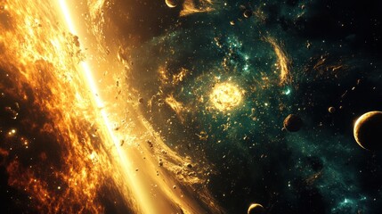 Obraz premium Cosmic Explosion with Celestial Debris and Planets