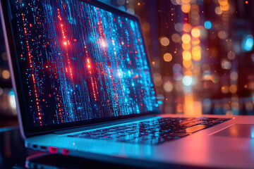 A laptop with an open audio application in the evening light. Generated by artificial intelligence