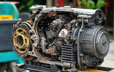 Fototapeta premium Revealing the Heart of a Machine: A Close-Up Look at a Disassembled Motorcycle Engine, Showing its Intricate Inner Workings and Mechanical Beauty.