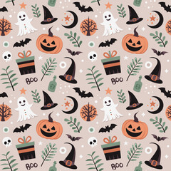 Halloween cartoon seamless pattern. Pumpkin vector illustration.	
