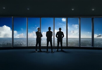 Fototapeta premium Three men in suits stand in front of a window looking out at a cityscape and blue sky.