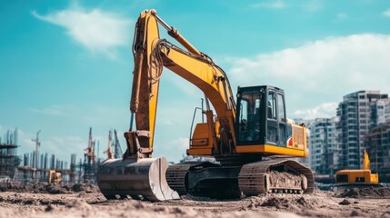 Yellow Excavator with a Bucket on a Construction Site