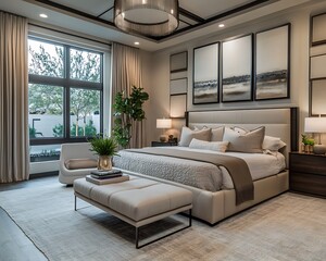 Tranquil retreat offers a soothing blend of modern style and calming neutral tones, featuring sleek furniture and plush