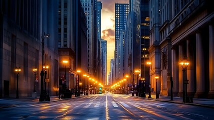 99. An empty city street at dawn, with soft light illuminating the buildings