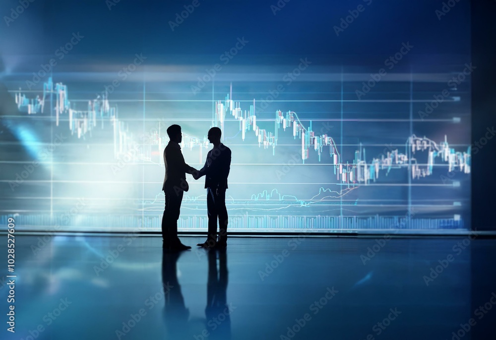Poster two businessmen shaking hands in front of a screen displaying a stock market chart.