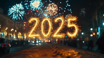 Sparklers spell out 2025 in front of fireworks, celebrating the new year in a city