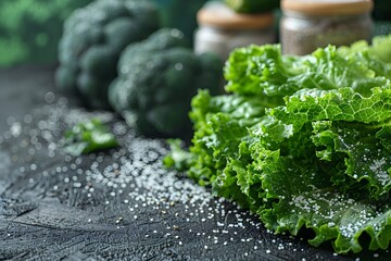 Fresh Kale and Broccoli with Salt Sprinkles for Healthy Eating Concept