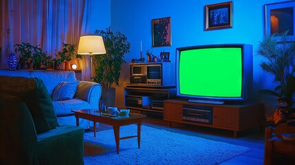 Fototapeta premium 1980s Horror-Inspired Living Room with Vintage TV Green Screen