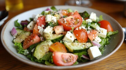 Fresh Salad with Tomatoes, Cucumber, Feta Cheese, and Red Onion