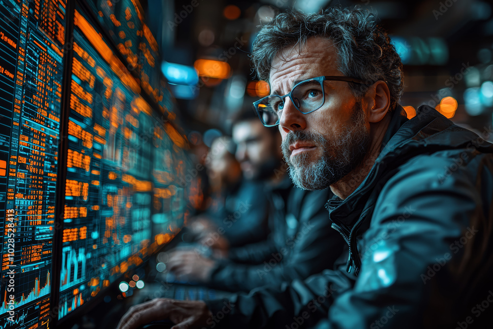 Poster traders analyzing market data on multiple computer screens, searching for patterns that could influe