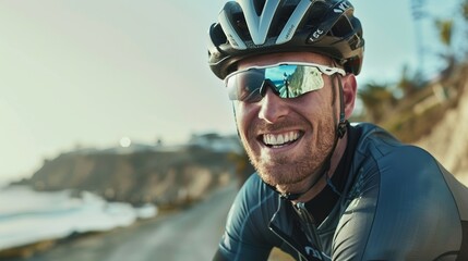 Fitness enthusiast cycling on a peaceful beach road, the seashore stretching out.