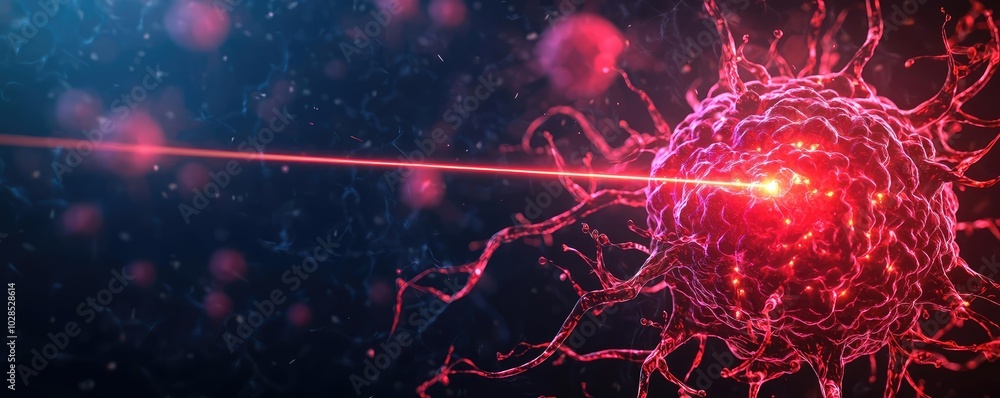 Poster abstract representation of a red neuron with laser effects on a dark background.
